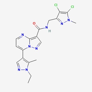 molecular formula C18H18Cl2N8O B10953376 N-[(4,5-dichloro-1-methyl-1H-pyrazol-3-yl)methyl]-7-(1-ethyl-5-methyl-1H-pyrazol-4-yl)pyrazolo[1,5-a]pyrimidine-3-carboxamide 