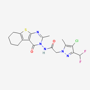 molecular formula C18H18ClF2N5O2S B10953441 2-[4-Chloro-3-(difluoromethyl)-5-methyl-1H-pyrazol-1-YL]-N-[2-methyl-4-oxo-5,6,7,8-tetrahydro[1]benzothieno[2,3-D]pyrimidin-3(4H)-YL]acetamide 