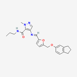 molecular formula C23H26N4O3 B10953526 4-{[(E)-{5-[(2,3-dihydro-1H-inden-5-yloxy)methyl]furan-2-yl}methylidene]amino}-1-methyl-N-propyl-1H-pyrazole-5-carboxamide 