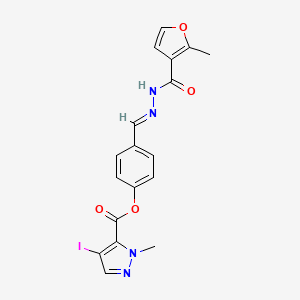 molecular formula C18H15IN4O4 B10953569 4-[(E)-{2-[(2-methylfuran-3-yl)carbonyl]hydrazinylidene}methyl]phenyl 4-iodo-1-methyl-1H-pyrazole-5-carboxylate 