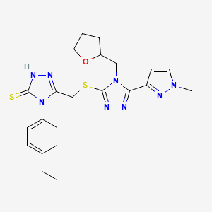 molecular formula C22H26N8OS2 B10953634 4-(4-ethylphenyl)-5-({[5-(1-methyl-1H-pyrazol-3-yl)-4-(tetrahydrofuran-2-ylmethyl)-4H-1,2,4-triazol-3-yl]sulfanyl}methyl)-4H-1,2,4-triazole-3-thiol 