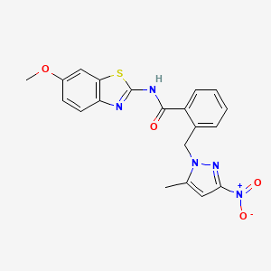 molecular formula C20H17N5O4S B10953718 N-(6-methoxy-1,3-benzothiazol-2-yl)-2-[(5-methyl-3-nitro-1H-pyrazol-1-yl)methyl]benzamide 