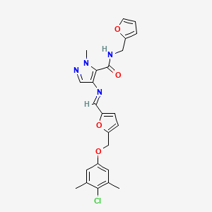 4-{[(E)-{5-[(4-chloro-3,5-dimethylphenoxy)methyl]furan-2-yl}methylidene]amino}-N-(furan-2-ylmethyl)-1-methyl-1H-pyrazole-5-carboxamide