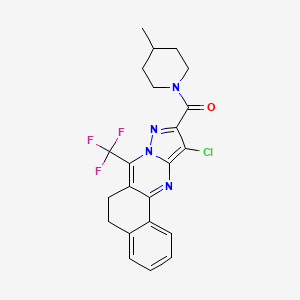 molecular formula C22H20ClF3N4O B10954089 [11-Chloro-7-(trifluoromethyl)-5,6-dihydrobenzo[H]pyrazolo[5,1-B]quinazolin-10-YL](4-methylpiperidino)methanone 