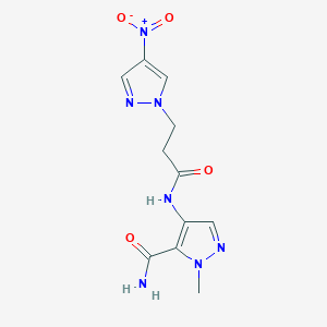 molecular formula C11H13N7O4 B10954464 1-methyl-4-{[3-(4-nitro-1H-pyrazol-1-yl)propanoyl]amino}-1H-pyrazole-5-carboxamide 