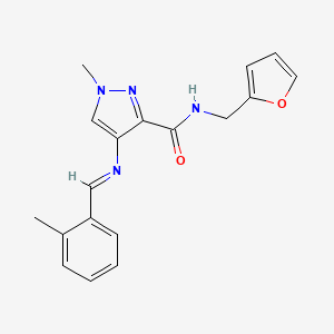 molecular formula C18H18N4O2 B10954714 N-(furan-2-ylmethyl)-1-methyl-4-{[(E)-(2-methylphenyl)methylidene]amino}-1H-pyrazole-3-carboxamide 