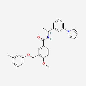 molecular formula C28H28N2O3 B10954724 4-methoxy-3-[(3-methylphenoxy)methyl]-N-{1-[3-(1H-pyrrol-1-yl)phenyl]ethyl}benzamide 