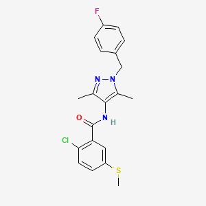 molecular formula C20H19ClFN3OS B10954797 2-chloro-N-[1-(4-fluorobenzyl)-3,5-dimethyl-1H-pyrazol-4-yl]-5-(methylsulfanyl)benzamide 