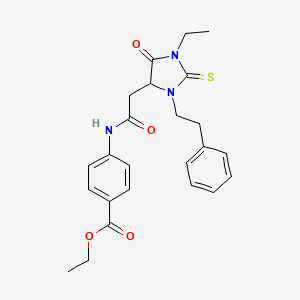 molecular formula C24H27N3O4S B10954884 Ethyl 4-({[1-ethyl-5-oxo-3-(2-phenylethyl)-2-thioxoimidazolidin-4-yl]acetyl}amino)benzoate 