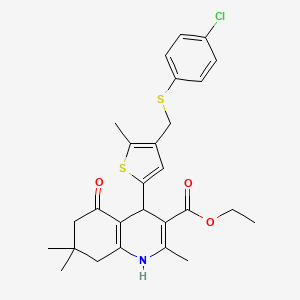 molecular formula C27H30ClNO3S2 B10955176 Ethyl 4-(4-{[(4-chlorophenyl)sulfanyl]methyl}-5-methylthiophen-2-yl)-2,7,7-trimethyl-5-oxo-1,4,5,6,7,8-hexahydroquinoline-3-carboxylate 