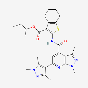 molecular formula C28H34N6O3S B10955271 butan-2-yl 2-({[1,3-dimethyl-6-(1,3,5-trimethyl-1H-pyrazol-4-yl)-1H-pyrazolo[3,4-b]pyridin-4-yl]carbonyl}amino)-4,5,6,7-tetrahydro-1-benzothiophene-3-carboxylate 