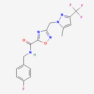 molecular formula C16H13F4N5O2 B10955354 N-(4-fluorobenzyl)-3-{[5-methyl-3-(trifluoromethyl)-1H-pyrazol-1-yl]methyl}-1,2,4-oxadiazole-5-carboxamide 