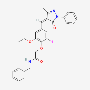 molecular formula C28H26IN3O4 B10956359 N-benzyl-2-{2-ethoxy-6-iodo-4-[(Z)-(3-methyl-5-oxo-1-phenyl-1,5-dihydro-4H-pyrazol-4-ylidene)methyl]phenoxy}acetamide 