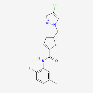 molecular formula C16H13ClFN3O2 B10956374 5-[(4-chloro-1H-pyrazol-1-yl)methyl]-N-(2-fluoro-5-methylphenyl)furan-2-carboxamide 