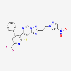 molecular formula C22H14F2N8O2S B10956456 13-(difluoromethyl)-4-[2-(4-nitropyrazol-1-yl)ethyl]-11-phenyl-16-thia-3,5,6,8,14-pentazatetracyclo[7.7.0.02,6.010,15]hexadeca-1(9),2,4,7,10(15),11,13-heptaene 