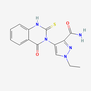 molecular formula C14H13N5O2S B10957106 1-ethyl-4-(4-oxo-2-sulfanylquinazolin-3(4H)-yl)-1H-pyrazole-3-carboxamide 