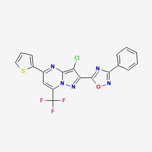 molecular formula C19H9ClF3N5OS B10957313 3-Chloro-2-(3-phenyl-1,2,4-oxadiazol-5-yl)-5-(thiophen-2-yl)-7-(trifluoromethyl)pyrazolo[1,5-a]pyrimidine 