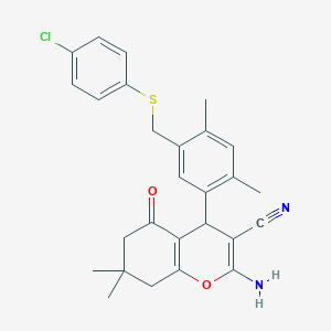 molecular formula C27H27ClN2O2S B10957354 2-amino-4-(5-{[(4-chlorophenyl)sulfanyl]methyl}-2,4-dimethylphenyl)-7,7-dimethyl-5-oxo-5,6,7,8-tetrahydro-4H-chromene-3-carbonitrile 