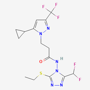 molecular formula C15H17F5N6OS B10957865 3-[5-cyclopropyl-3-(trifluoromethyl)-1H-pyrazol-1-yl]-N-[3-(difluoromethyl)-5-(ethylsulfanyl)-4H-1,2,4-triazol-4-yl]propanamide 