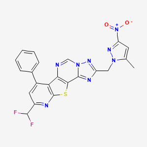 molecular formula C22H14F2N8O2S B10957880 13-(difluoromethyl)-4-[(5-methyl-3-nitropyrazol-1-yl)methyl]-11-phenyl-16-thia-3,5,6,8,14-pentazatetracyclo[7.7.0.02,6.010,15]hexadeca-1(9),2,4,7,10(15),11,13-heptaene 