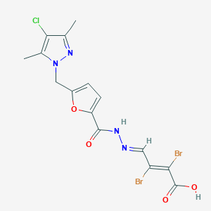 (2E,4E)-2,3-dibromo-4-[2-({5-[(4-chloro-3,5-dimethyl-1H-pyrazol-1-yl)methyl]furan-2-yl}carbonyl)hydrazinylidene]but-2-enoic acid