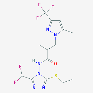 molecular formula C14H17F5N6OS B10958374 N-[3-(difluoromethyl)-5-(ethylsulfanyl)-4H-1,2,4-triazol-4-yl]-2-methyl-3-[5-methyl-3-(trifluoromethyl)-1H-pyrazol-1-yl]propanamide 