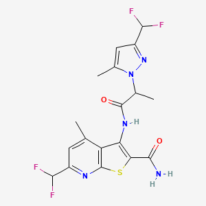 molecular formula C18H17F4N5O2S B10958399 6-(difluoromethyl)-3-({2-[3-(difluoromethyl)-5-methyl-1H-pyrazol-1-yl]propanoyl}amino)-4-methylthieno[2,3-b]pyridine-2-carboxamide 