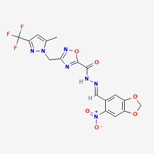 molecular formula C17H12F3N7O6 B10958484 3-{[5-methyl-3-(trifluoromethyl)-1H-pyrazol-1-yl]methyl}-N'-[(E)-(6-nitro-1,3-benzodioxol-5-yl)methylidene]-1,2,4-oxadiazole-5-carbohydrazide 