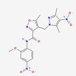 molecular formula C18H18N6O7 B10958535 4-[(3,5-dimethyl-4-nitro-1H-pyrazol-1-yl)methyl]-N-(2-methoxy-4-nitrophenyl)-5-methyl-1,2-oxazole-3-carboxamide 