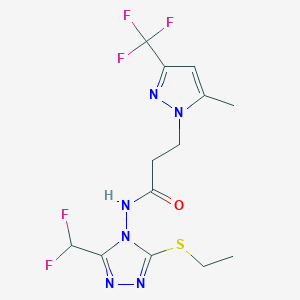 molecular formula C13H15F5N6OS B10958570 N-[3-(difluoromethyl)-5-(ethylsulfanyl)-4H-1,2,4-triazol-4-yl]-3-[5-methyl-3-(trifluoromethyl)-1H-pyrazol-1-yl]propanamide CAS No. 7168-10-7