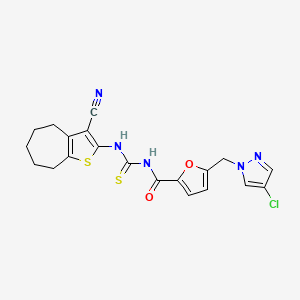 molecular formula C20H18ClN5O2S2 B10958593 5-[(4-chloro-1H-pyrazol-1-yl)methyl]-N-[(3-cyano-5,6,7,8-tetrahydro-4H-cyclohepta[b]thiophen-2-yl)carbamothioyl]furan-2-carboxamide 