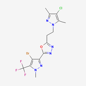 molecular formula C14H13BrClF3N6O B10959312 2-[4-bromo-1-methyl-5-(trifluoromethyl)-1H-pyrazol-3-yl]-5-[2-(4-chloro-3,5-dimethyl-1H-pyrazol-1-yl)ethyl]-1,3,4-oxadiazole 