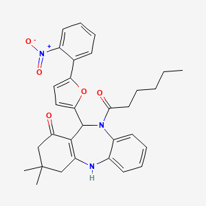 molecular formula C31H33N3O5 B10959555 1-{1-hydroxy-3,3-dimethyl-11-[5-(2-nitrophenyl)furan-2-yl]-2,3,4,11-tetrahydro-10H-dibenzo[b,e][1,4]diazepin-10-yl}hexan-1-one 