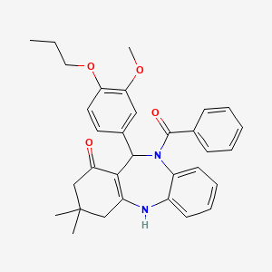 molecular formula C32H34N2O4 B10959799 11-(3-methoxy-4-propoxyphenyl)-3,3-dimethyl-10-(phenylcarbonyl)-2,3,4,5,10,11-hexahydro-1H-dibenzo[b,e][1,4]diazepin-1-one 