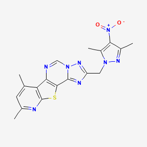 molecular formula C18H16N8O2S B10959892 4-[(3,5-dimethyl-4-nitropyrazol-1-yl)methyl]-11,13-dimethyl-16-thia-3,5,6,8,14-pentazatetracyclo[7.7.0.02,6.010,15]hexadeca-1(9),2,4,7,10(15),11,13-heptaene 