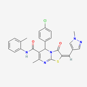 molecular formula C26H22ClN5O2S B10959914 (2E)-5-(4-chlorophenyl)-7-methyl-N-(2-methylphenyl)-2-[(1-methyl-1H-pyrazol-4-yl)methylidene]-3-oxo-2,3-dihydro-5H-[1,3]thiazolo[3,2-a]pyrimidine-6-carboxamide 