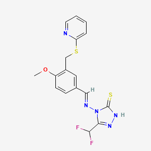 molecular formula C17H15F2N5OS2 B10960123 5-(difluoromethyl)-4-{[(E)-{4-methoxy-3-[(pyridin-2-ylsulfanyl)methyl]phenyl}methylidene]amino}-4H-1,2,4-triazole-3-thiol 