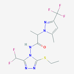 molecular formula C13H15F5N6OS B10960201 N-[3-(difluoromethyl)-5-(ethylsulfanyl)-4H-1,2,4-triazol-4-yl]-2-[5-methyl-3-(trifluoromethyl)-1H-pyrazol-1-yl]propanamide 