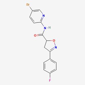 molecular formula C15H11BrFN3O2 B10960366 N-(5-bromopyridin-2-yl)-3-(4-fluorophenyl)-4,5-dihydro-1,2-oxazole-5-carboxamide 