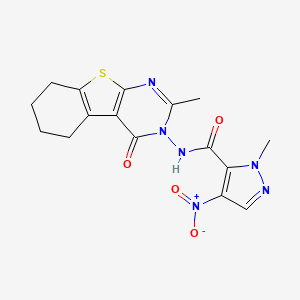 molecular formula C16H16N6O4S B10960368 1-Methyl-N-[2-methyl-4-oxo-5,6,7,8-tetrahydro[1]benzothieno[2,3-D]pyrimidin-3(4H)-YL]-4-nitro-1H-pyrazole-5-carboxamide 