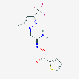 molecular formula C12H11F3N4O2S B10960422 (1Z)-2-[5-methyl-3-(trifluoromethyl)-1H-pyrazol-1-yl]-N'-[(thiophen-2-ylcarbonyl)oxy]ethanimidamide 