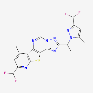 molecular formula C19H15F4N7S B10960573 13-(difluoromethyl)-4-[1-[3-(difluoromethyl)-5-methylpyrazol-1-yl]ethyl]-11-methyl-16-thia-3,5,6,8,14-pentazatetracyclo[7.7.0.02,6.010,15]hexadeca-1(9),2,4,7,10(15),11,13-heptaene 