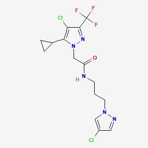 molecular formula C15H16Cl2F3N5O B10960790 2-[4-chloro-5-cyclopropyl-3-(trifluoromethyl)-1H-pyrazol-1-yl]-N-[3-(4-chloro-1H-pyrazol-1-yl)propyl]acetamide 