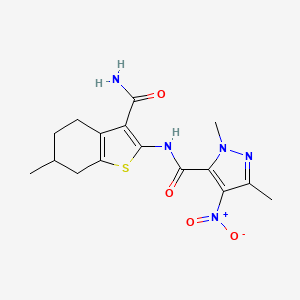 molecular formula C16H19N5O4S B10960904 N-(3-carbamoyl-6-methyl-4,5,6,7-tetrahydro-1-benzothiophen-2-yl)-1,3-dimethyl-4-nitro-1H-pyrazole-5-carboxamide 