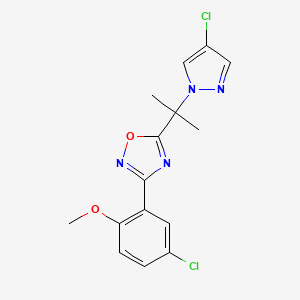 molecular formula C15H14Cl2N4O2 B10960915 3-(5-chloro-2-methoxyphenyl)-5-[2-(4-chloro-1H-pyrazol-1-yl)propan-2-yl]-1,2,4-oxadiazole 