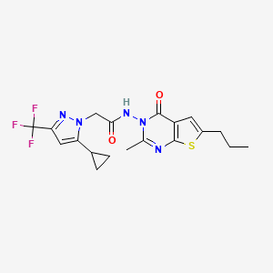 molecular formula C19H20F3N5O2S B10960994 2-[5-Cyclopropyl-3-(trifluoromethyl)-1H-pyrazol-1-YL]-N-[2-methyl-4-oxo-6-propylthieno[2,3-D]pyrimidin-3(4H)-YL]acetamide 