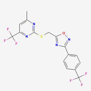 molecular formula C16H10F6N4OS B10961113 4-Methyl-6-(trifluoromethyl)-2-[({3-[4-(trifluoromethyl)phenyl]-1,2,4-oxadiazol-5-yl}methyl)sulfanyl]pyrimidine 