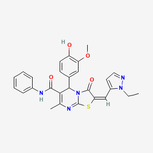 molecular formula C27H25N5O4S B10961198 (2E)-2-[(1-ethyl-1H-pyrazol-5-yl)methylidene]-5-(4-hydroxy-3-methoxyphenyl)-7-methyl-3-oxo-N-phenyl-2,3-dihydro-5H-[1,3]thiazolo[3,2-a]pyrimidine-6-carboxamide 