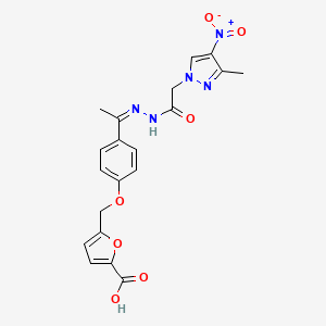 molecular formula C20H19N5O7 B10961307 5-({4-[(1Z)-1-{2-[(3-methyl-4-nitro-1H-pyrazol-1-yl)acetyl]hydrazinylidene}ethyl]phenoxy}methyl)furan-2-carboxylic acid 