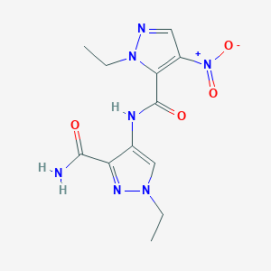 molecular formula C12H15N7O4 B10961387 1-ethyl-4-{[(1-ethyl-4-nitro-1H-pyrazol-5-yl)carbonyl]amino}-1H-pyrazole-3-carboxamide 